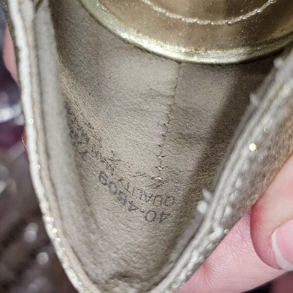 Gold Heels Womens Size 7.5 Sparkle Glitter Glam Wedding Dress Peep Toe Metallic - Picture 13 of 16